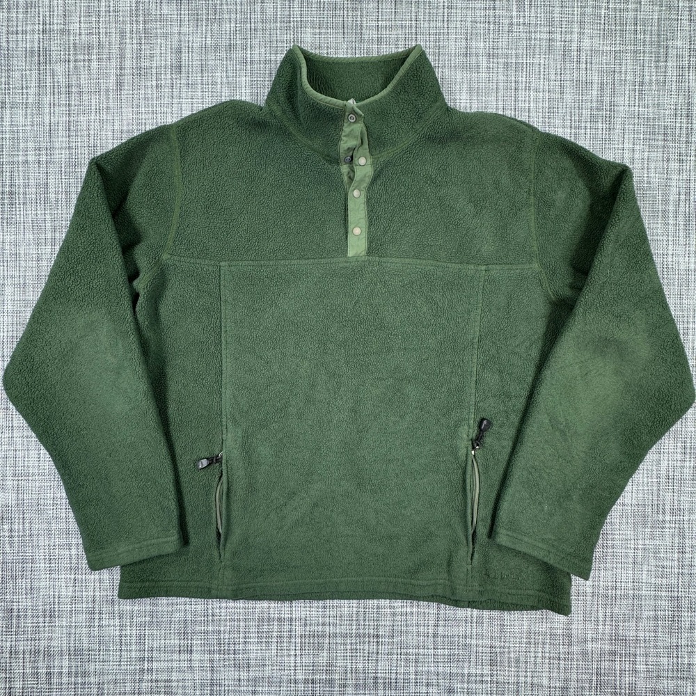Vintage LL Bean Mens XL Fleece Pullover Forest Green Snap Neck Zipper Pockets